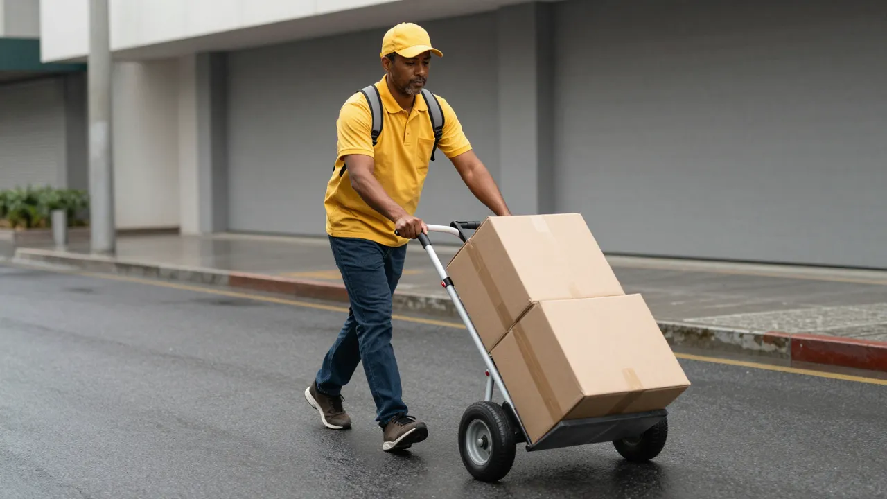 Middle aged male courier pushes a hand trolley with cardboard boxes along a wet urban street