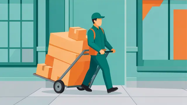 A faceless delivery worker pushes a dolly stacked with cardboard boxes along a city building sidewalk.