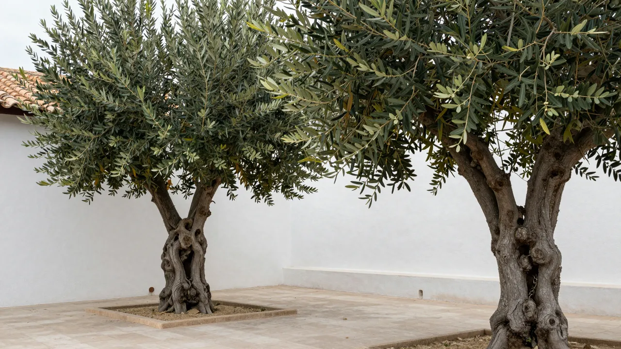 Two gnarled olive trees stand in a paved courtyard beside smooth whitewashed walls