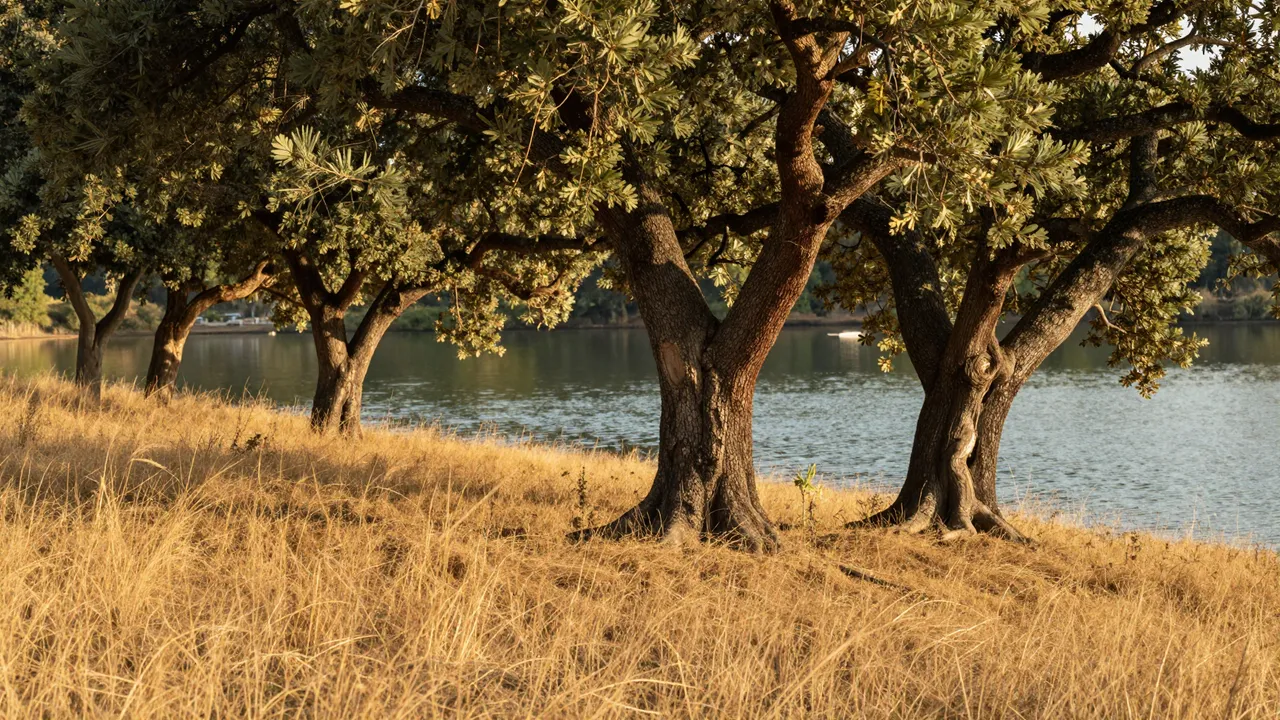 Cork oak trees line the edge of a calm cove through tall dry golden grass at warm evening hour
