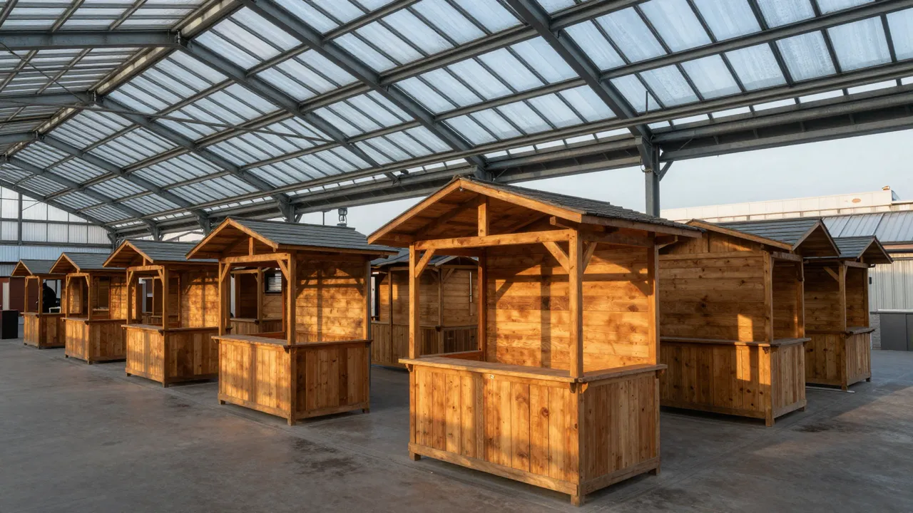Empty wooden market stalls line a covered iron and glass roof hall at soft dawn
