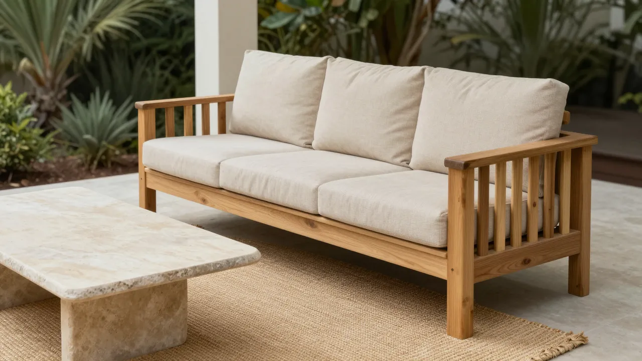Teak outdoor sofa with beige cushions sits beside a stone coffee table on a jute rug under a covered patio