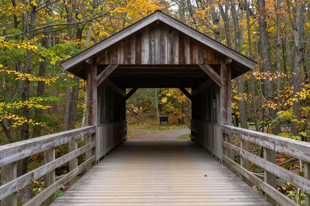 A weathered wooden covered bridge stretches through a forest with golden autumn foliage