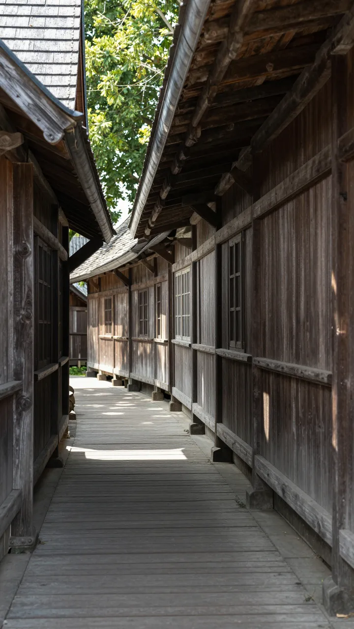 Dappled noon sunlight falls on a narrow covered wooden passage between traditional wooden village buildings
