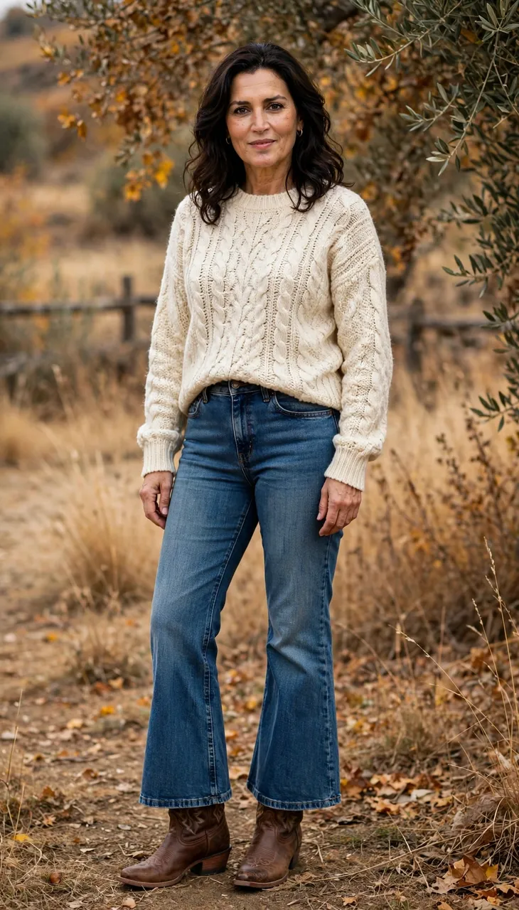 Middle Eastern woman in her forties stands outdoors wearing a cream cable sweater, flared jeans and western boots