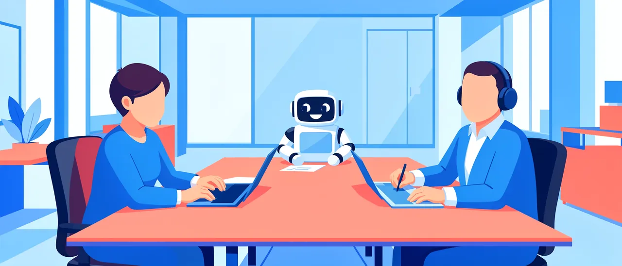 Two faceless coworkers and a friendly robot collaborate at a long coral office table with laptops in a bright blue office.