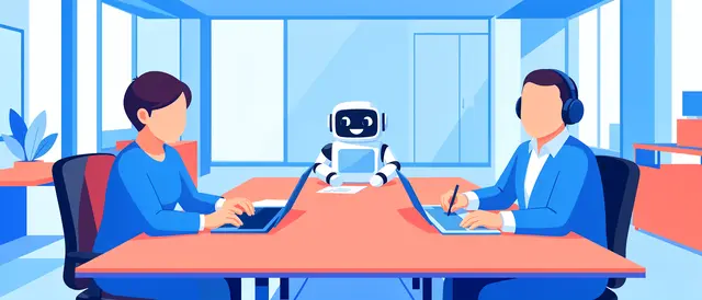 Two faceless coworkers and a friendly robot collaborate at a long coral office table with laptops in a bright blue office.