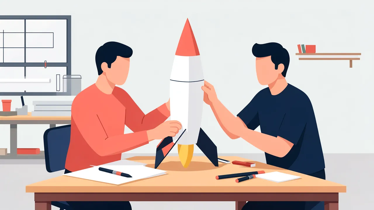 Two faceless coworkers assemble a paper rocket model at a workshop worktable.