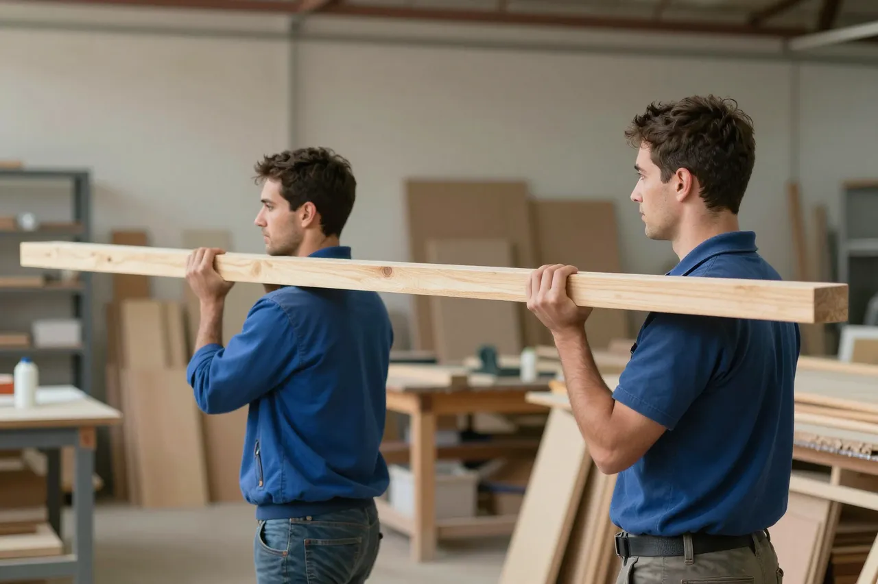 Two male coworkers in blue shirts carry a long wooden plank side view through a woodworking workshop.