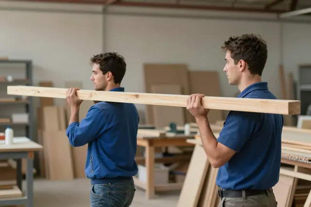 Two male coworkers in blue shirts carry a long wooden plank side view through a woodworking workshop.