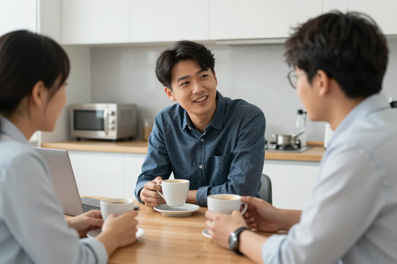 Three office coworkers sit at a kitchen table chatting while holding coffee cups during a work break.