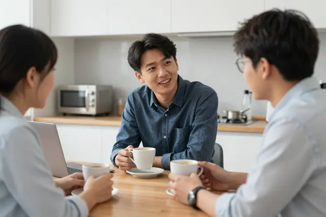 Three office coworkers sit at a kitchen table chatting while holding coffee cups during a work break.