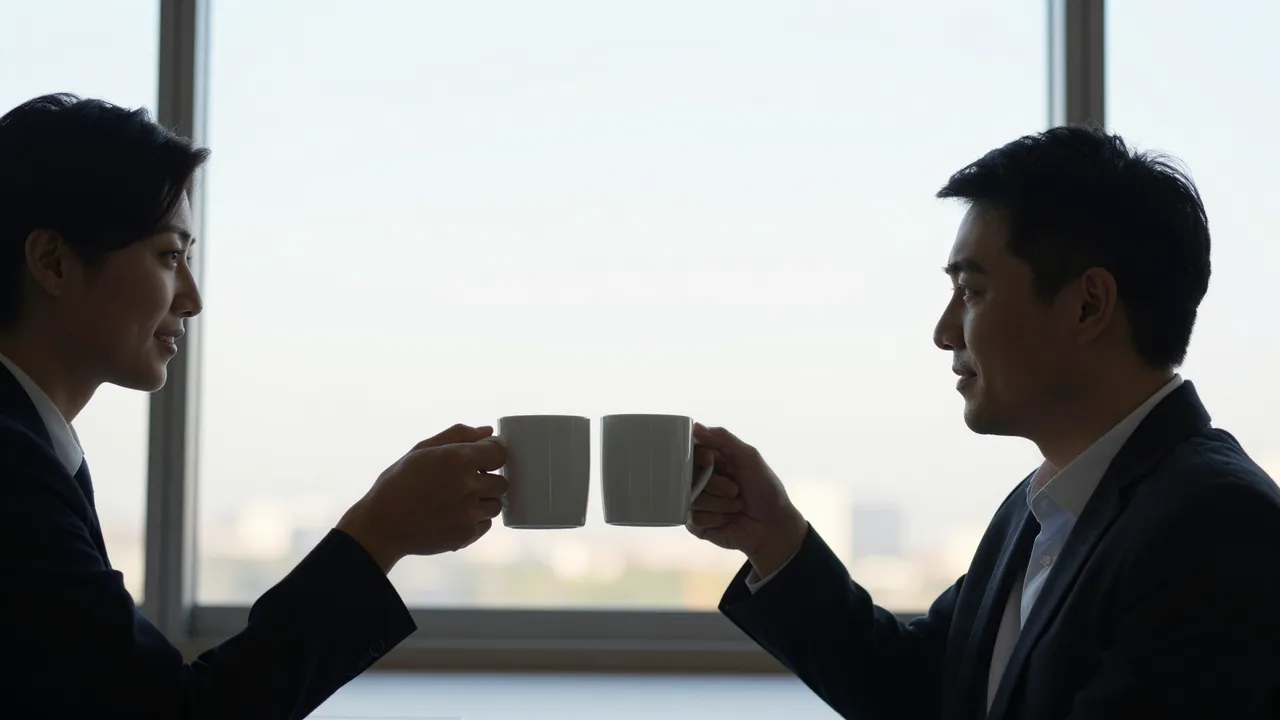 Two office coworkers toast by clinking coffee mugs in front of a bright sunrise office window