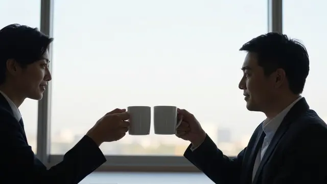 Two office coworkers toast by clinking coffee mugs in front of a bright sunrise office window