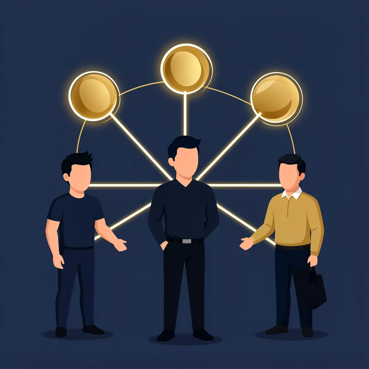 Three faceless businesspeople stand beneath glowing golden connected circles on a dark navy background