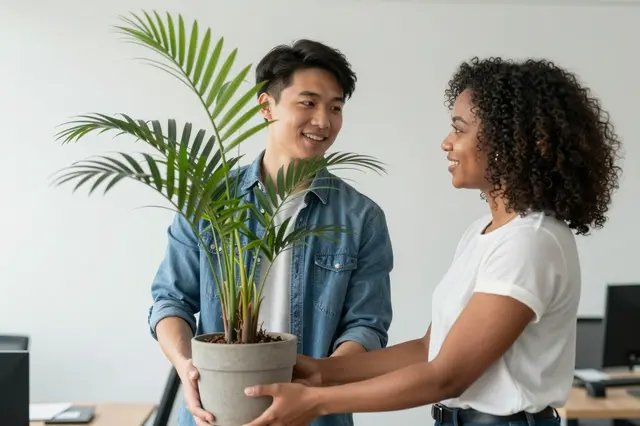 Two smiling coworkers hold a potted palm plant together in a bright office