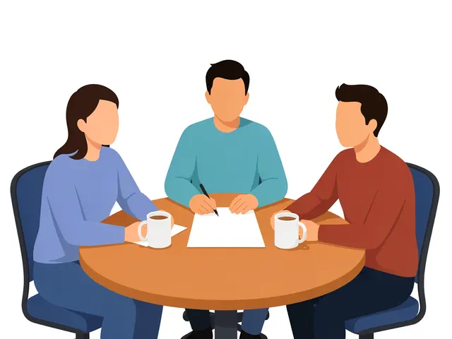 Three faceless adult coworkers sit around a round table with blank paper, a pen, and coffee mugs during a collaborative