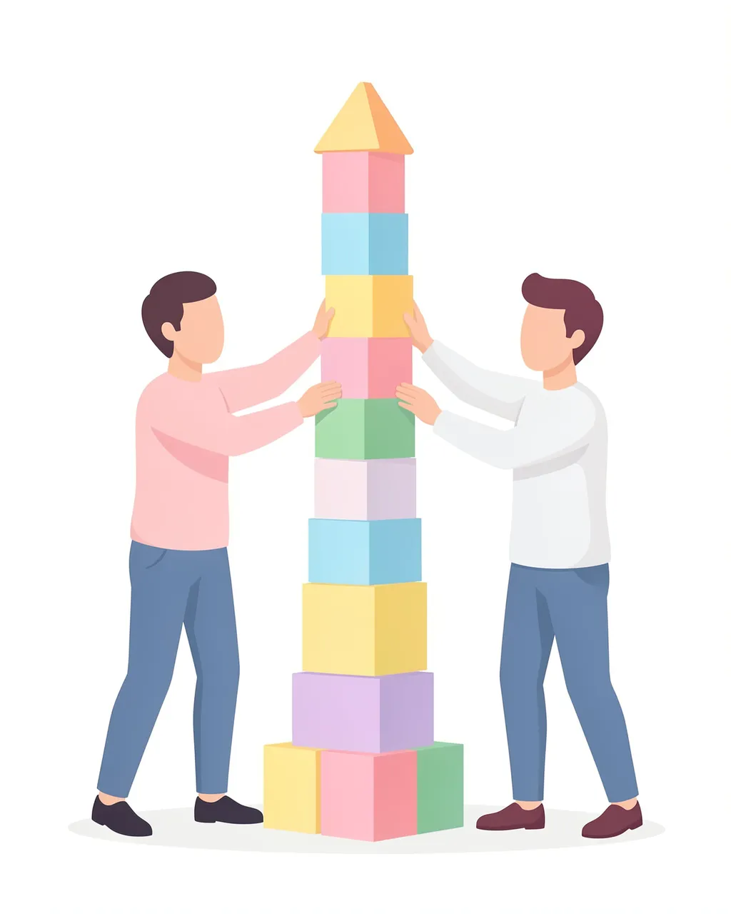 Two faceless coworkers work together to build a tall tower of pastel colored blocks.