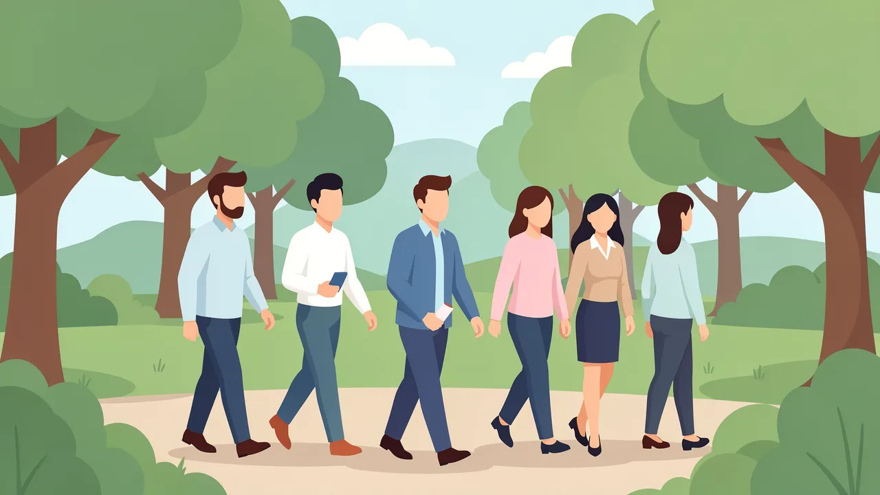 Faceless business colleagues walk together along a park path during an outdoor walking meeting