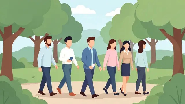 Faceless business colleagues walk together along a park path during an outdoor walking meeting