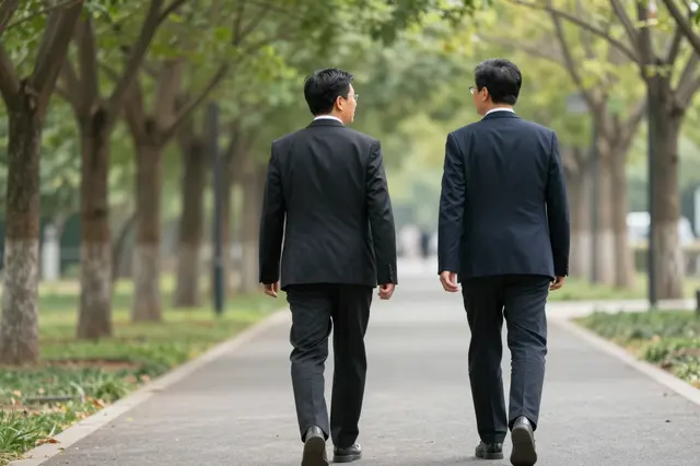 Two men in business suits walk side by side along a tree lined paved path viewed from behind