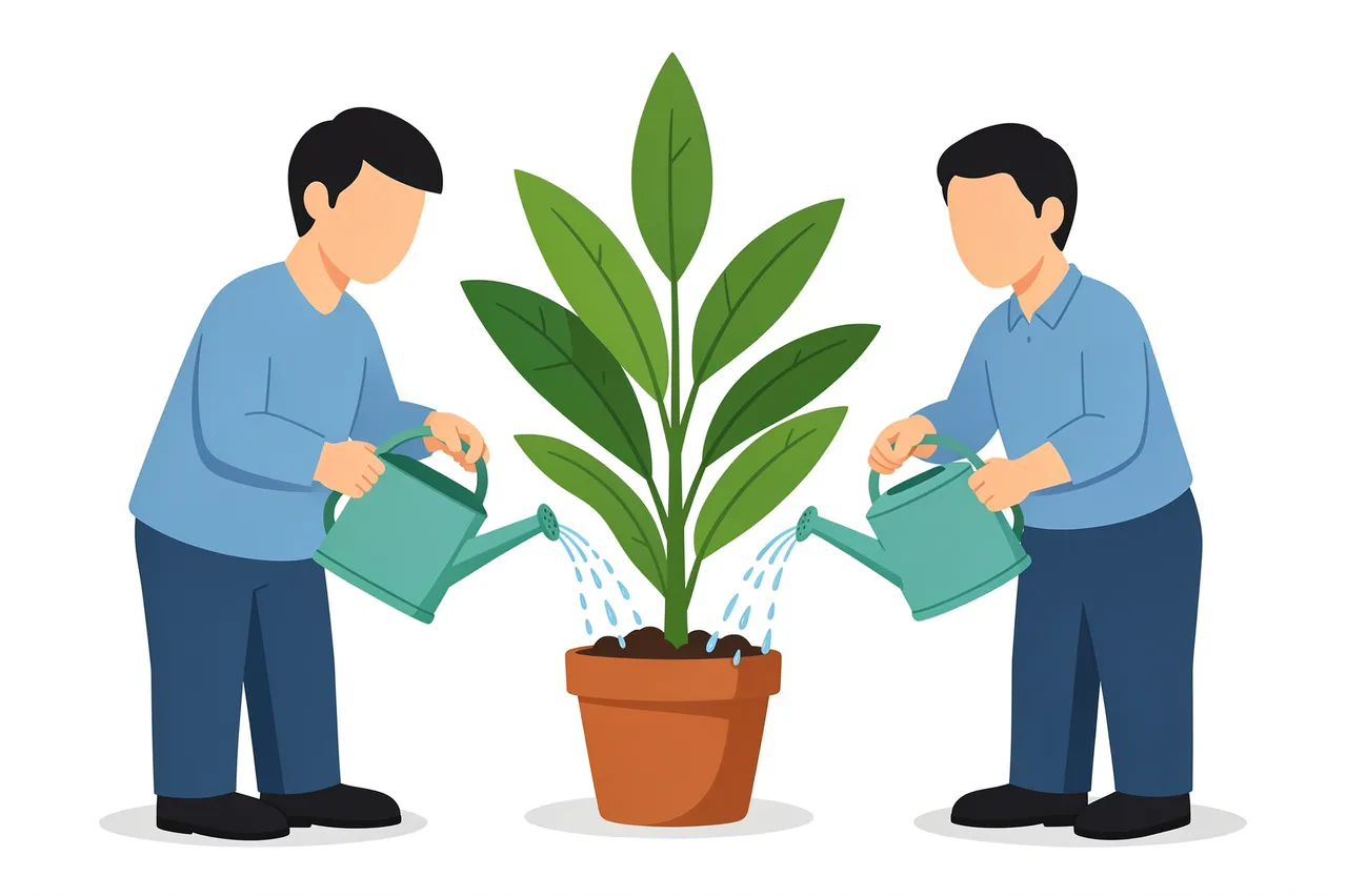 Two faceless coworkers hold watering cans to water a large potted houseplant together