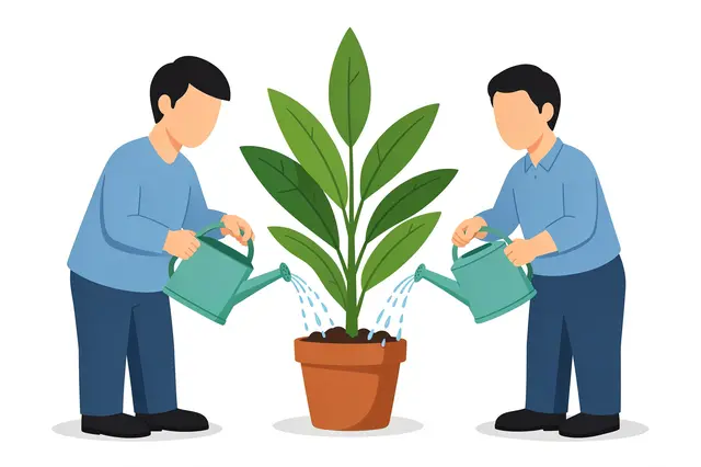 Two faceless coworkers hold watering cans to water a large potted houseplant together