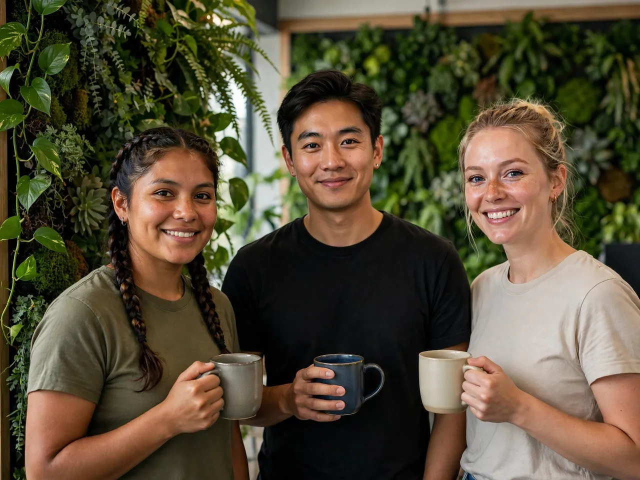 Three smiling coworkers stand side by side holding ceramic mugs in front of a lush indoor plant wall