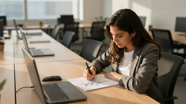 A young Latina woman sketches on paper at a long communal coworking table in warm golden hour light