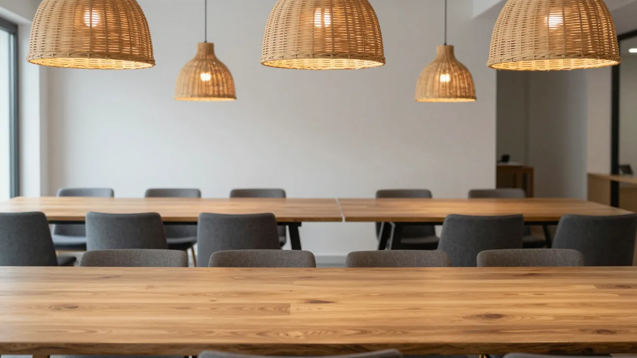 Empty coworking lounge with long oak tables, gray chairs and woven rattan pendant lamps