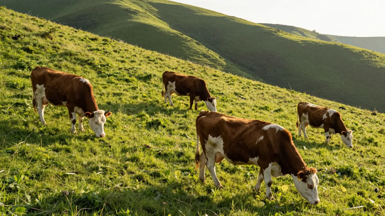 Four brown and white cows graze on a lush green rolling hillside in warm early morning sunlight