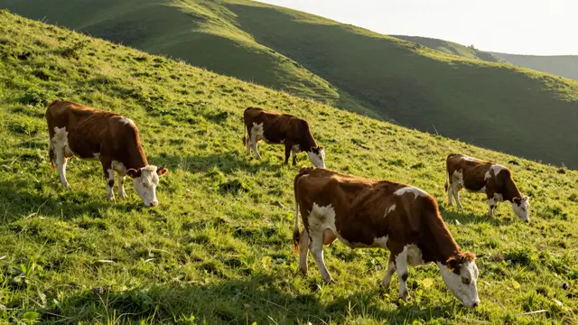 Four brown and white cows graze on a lush green rolling hillside in warm early morning sunlight