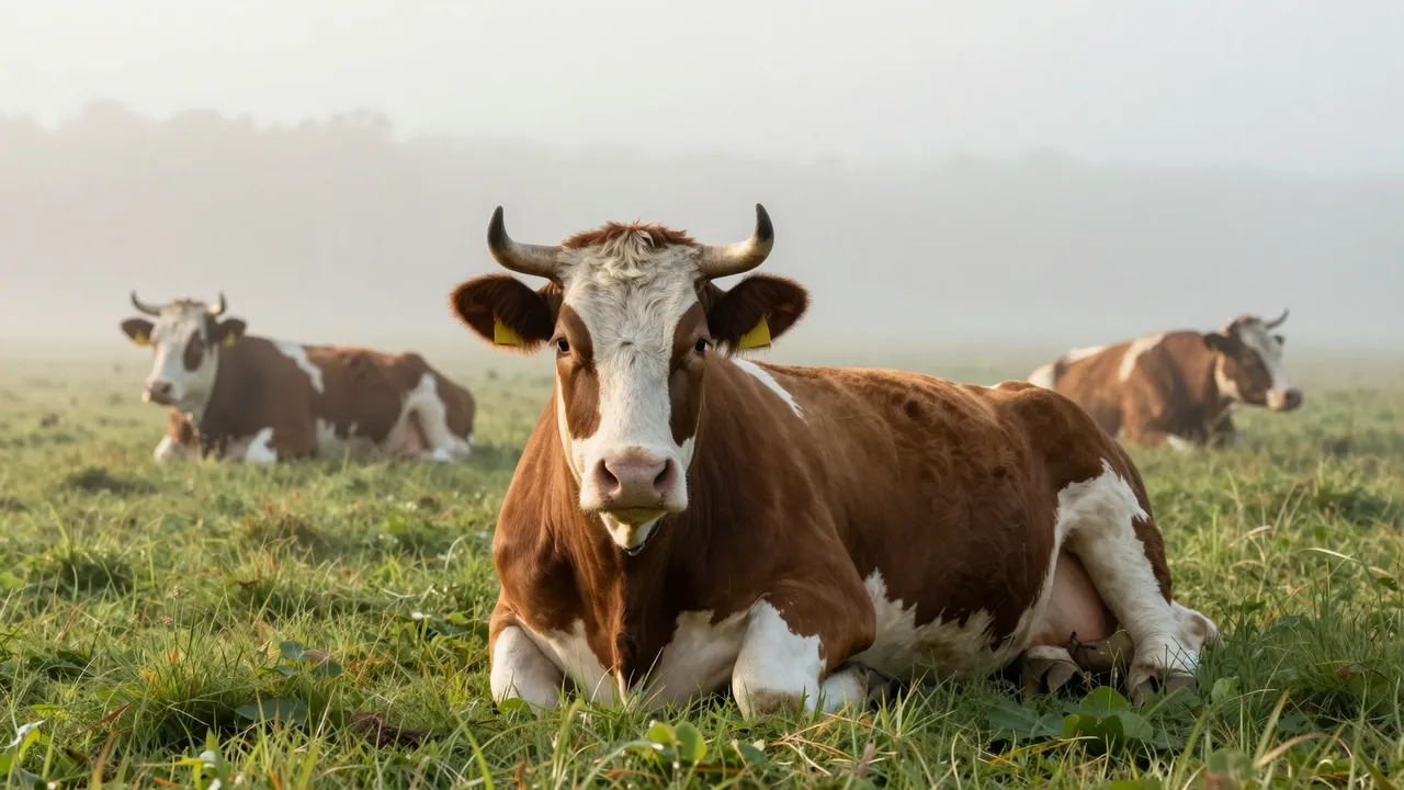 Three brown and white cows lie in a foggy grass meadow at early dawn, the foreground cow looking at the camera.