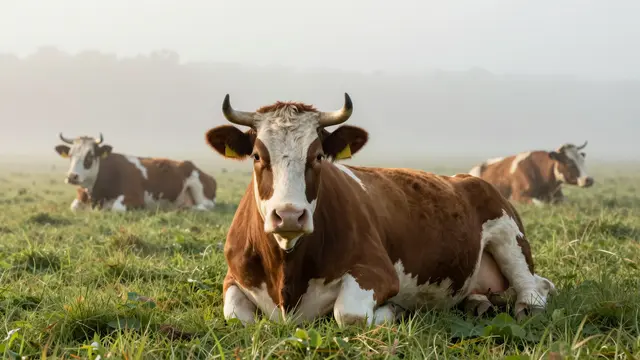 Three brown and white cows lie in a foggy grass meadow at early dawn, the foreground cow looking at the camera.