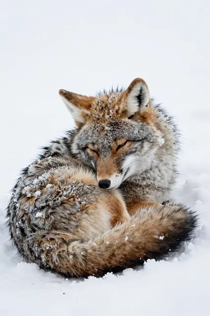 A coyote curled asleep in fresh snow with frost dusted on its thick fur and black-tipped tail