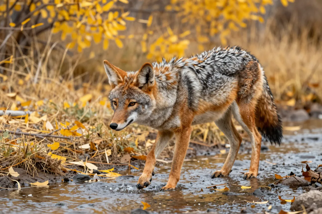 A grizzled coyote stands in shallow creek water surrounded by golden autumn cottonwood leaves
