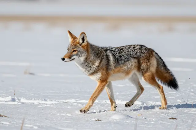 A coyote walks across open snow-covered prairie terrain in bright daylight.