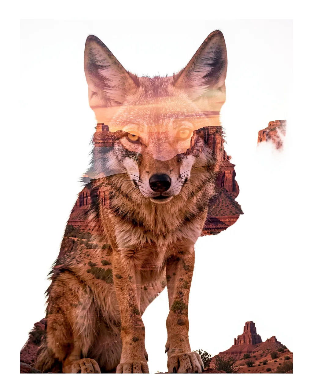 Double exposure art of a coyote overlaid with desert canyon scenery on a plain white background