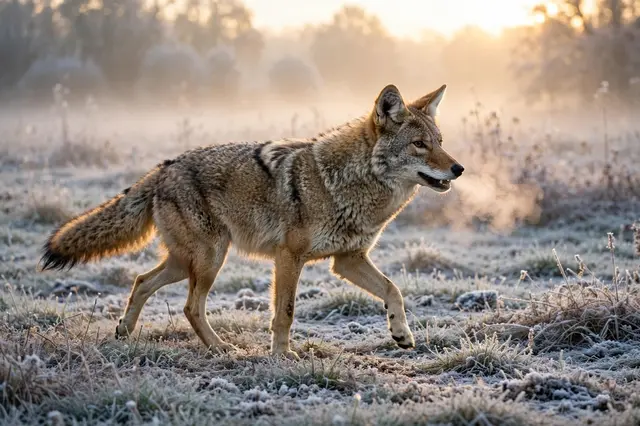 A grizzled tan coyote trots across a frosty meadow, visible breath steaming in cold sunrise air.