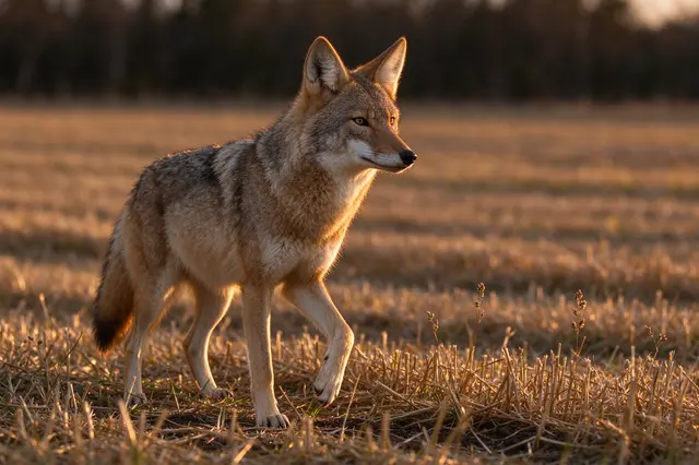 A coyote stands in a mown hay field with one front paw raised, lit by warm golden sunset light.
