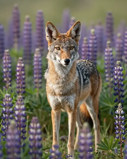 A slender coyote stands facing the camera among tall purple lupine blooms in soft morning light