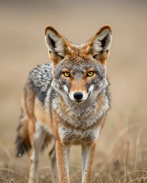 A coyote with bright golden eyes stands facing forward in dry grassland