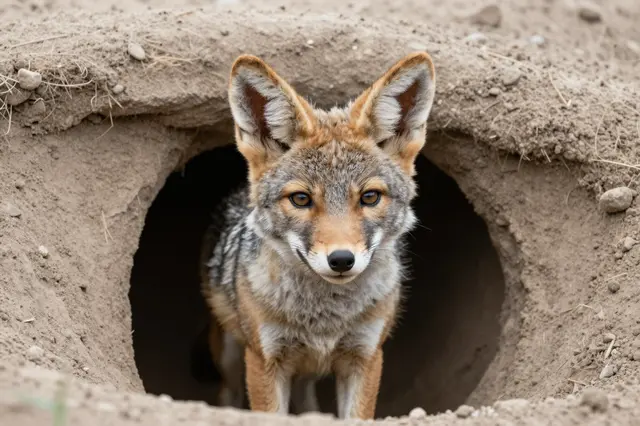 A young coyote pup looks directly at the camera while standing in the opening of an earthen den.