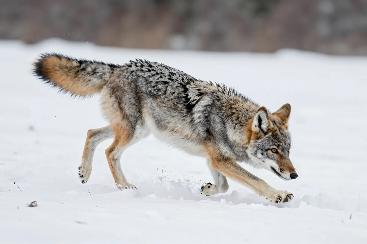 A grizzled gray coyote moves quickly across deep snow in an open winter meadow