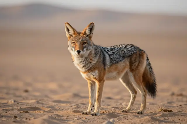 A coyote stands alert on sandy desert ground under soft warm dawn light