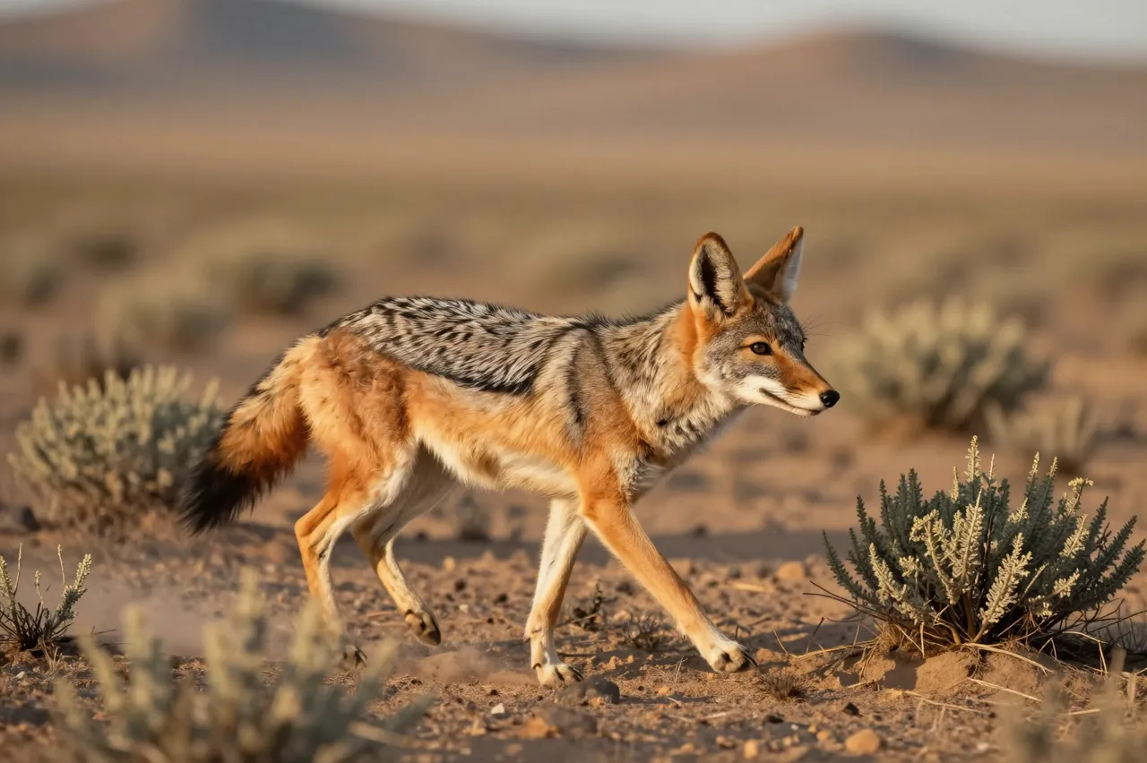 A coyote walks across sandy sagebrush desert terrain bathed in warm sunset light
