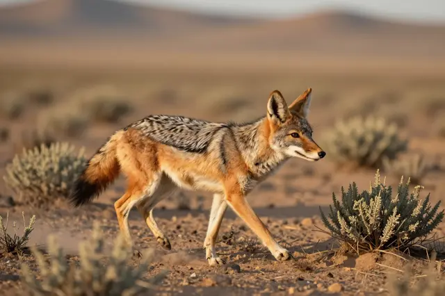 A coyote walks across sandy sagebrush desert terrain bathed in warm sunset light