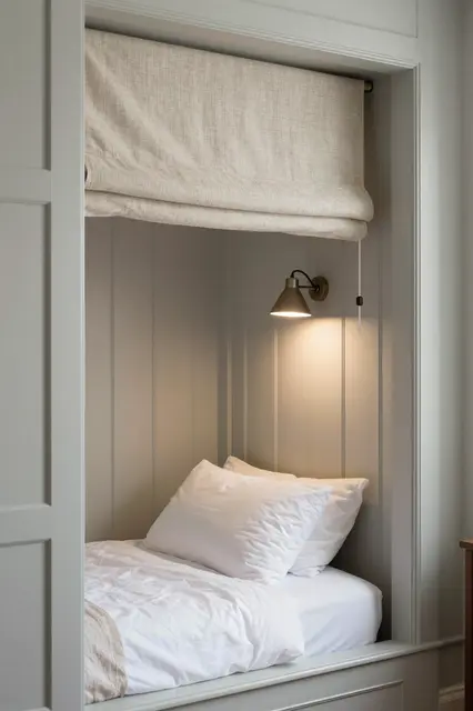 A small bed tucked into a paneled built-in alcove with a wall mounted lamp and linen roman shade