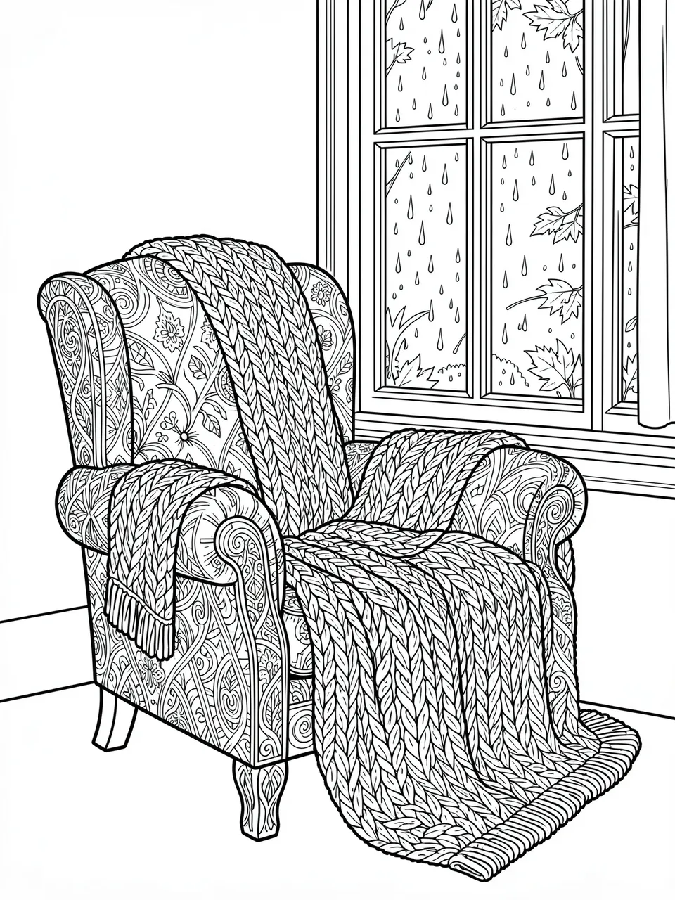 Black and white line art of an intricate patterned armchair with knitted blankets next to a rainy autumn window