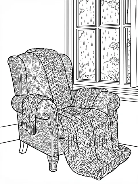 Black and white line art of an intricate patterned armchair with knitted blankets next to a rainy autumn window
